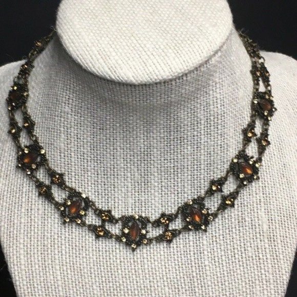 Jewelry - Short Bronze Orange Necklace Rhinestone Sparkle Amber Retro Boho